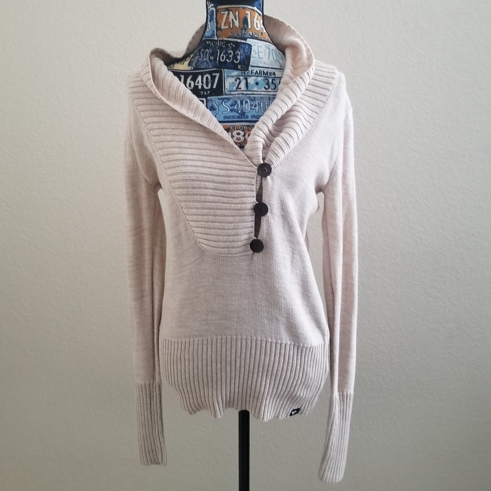 Roxy Cowl Neck 3 Button Sweater Oatmeal L GUC
